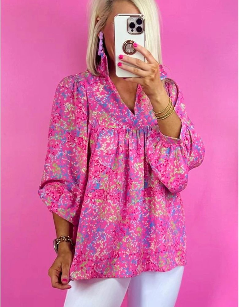 Bonbon Abstract Print Collared V Neck Babydoll Blouse