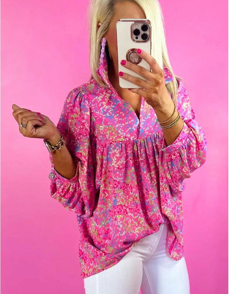 Bonbon Abstract Print Collared V Neck Babydoll Blouse