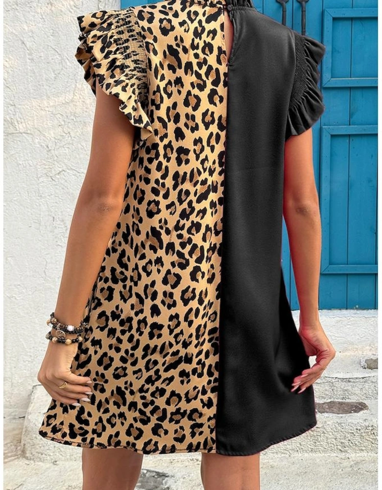 Black Leopard Contrast Patchwork Ruffled Sleeve Short Shift Dress