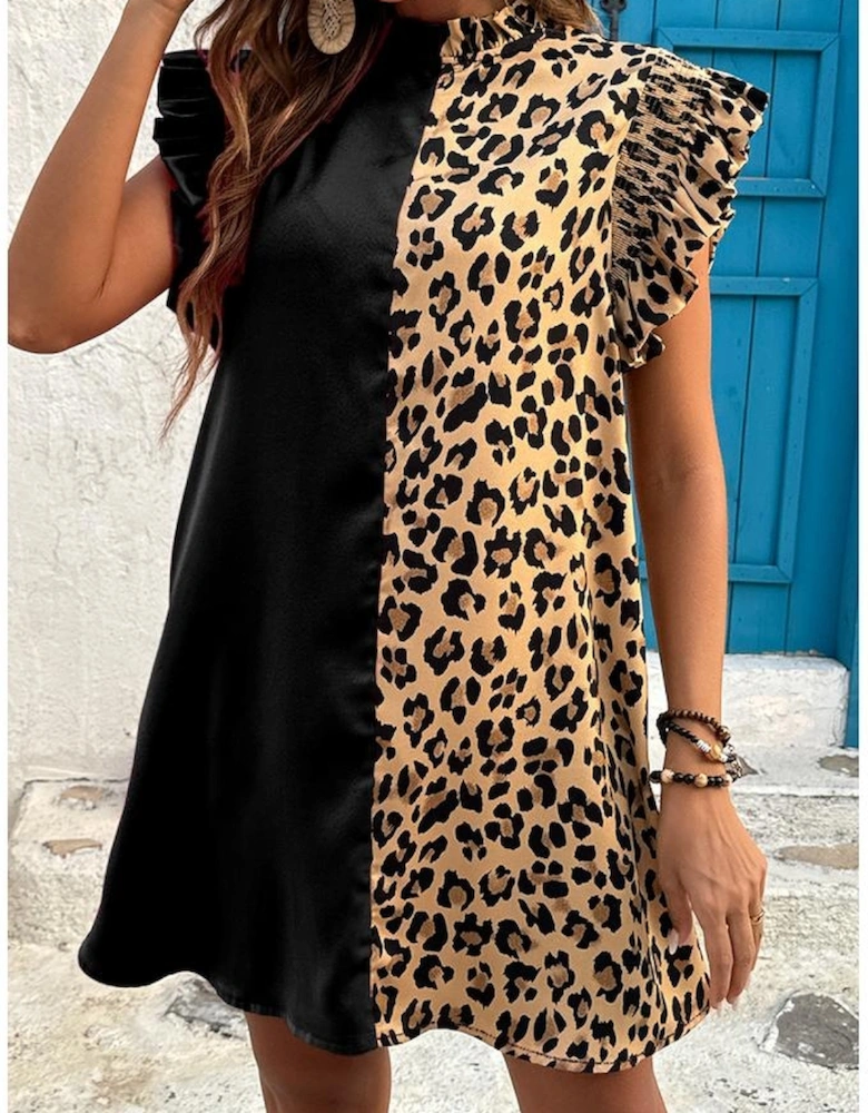 Black Leopard Contrast Patchwork Ruffled Sleeve Short Shift Dress