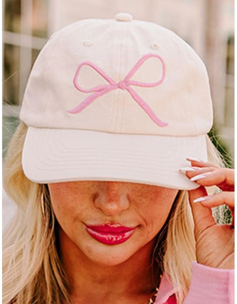 White Girlish Bow Embroidered Baseball Cap