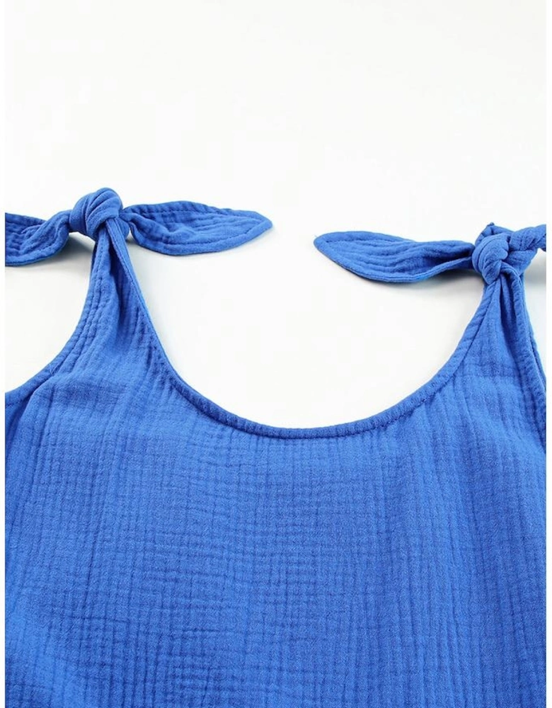 Blue Textured Knotted Straps High Waist Wide Leg Romper