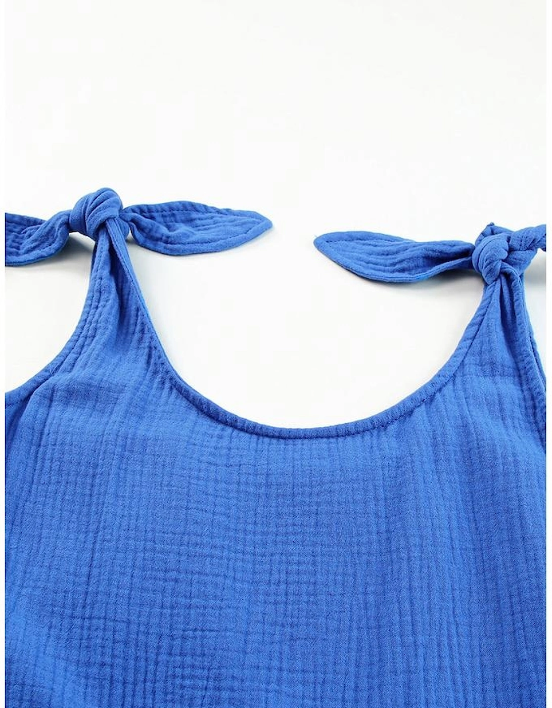 Blue Textured Knotted Straps High Waist Wide Leg Romper