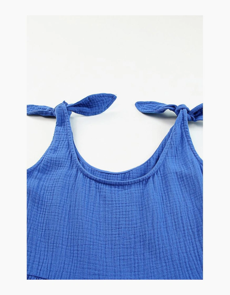 Blue Textured Knotted Straps High Waist Wide Leg Romper