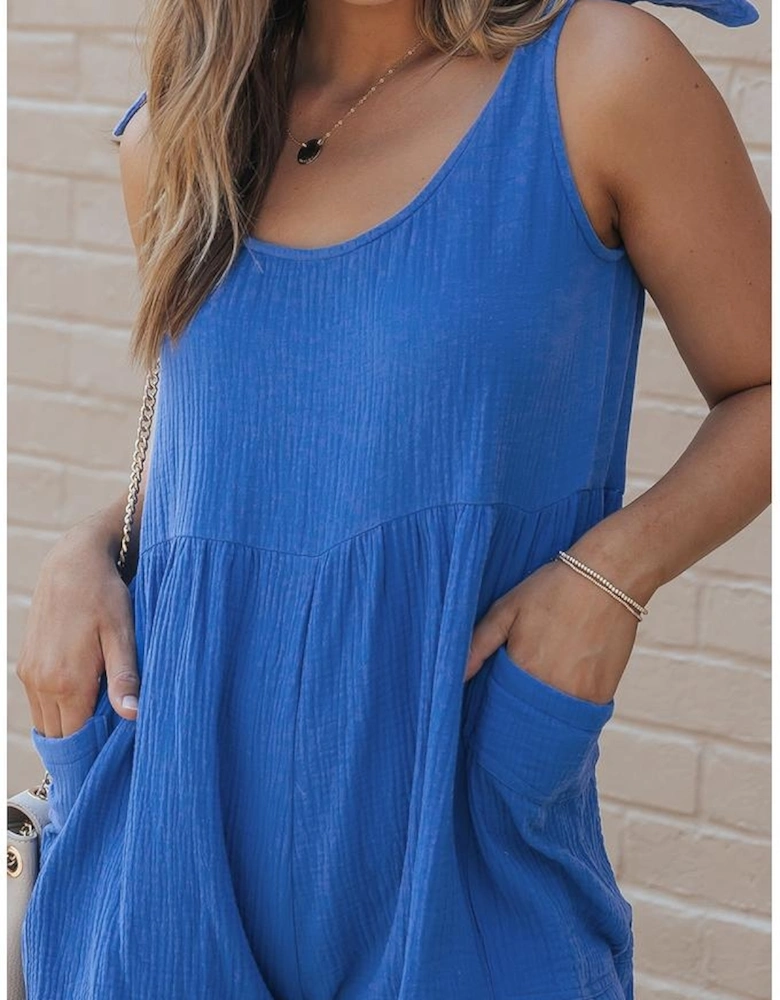Blue Textured Knotted Straps High Waist Wide Leg Romper