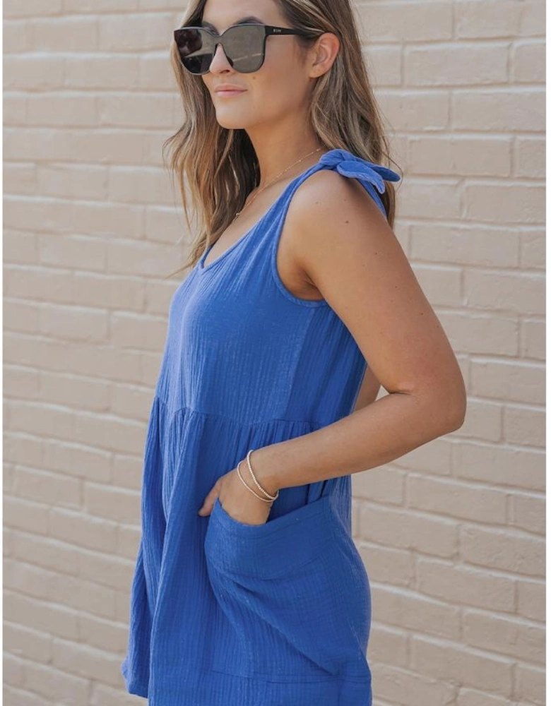 Blue Textured Knotted Straps High Waist Wide Leg Romper