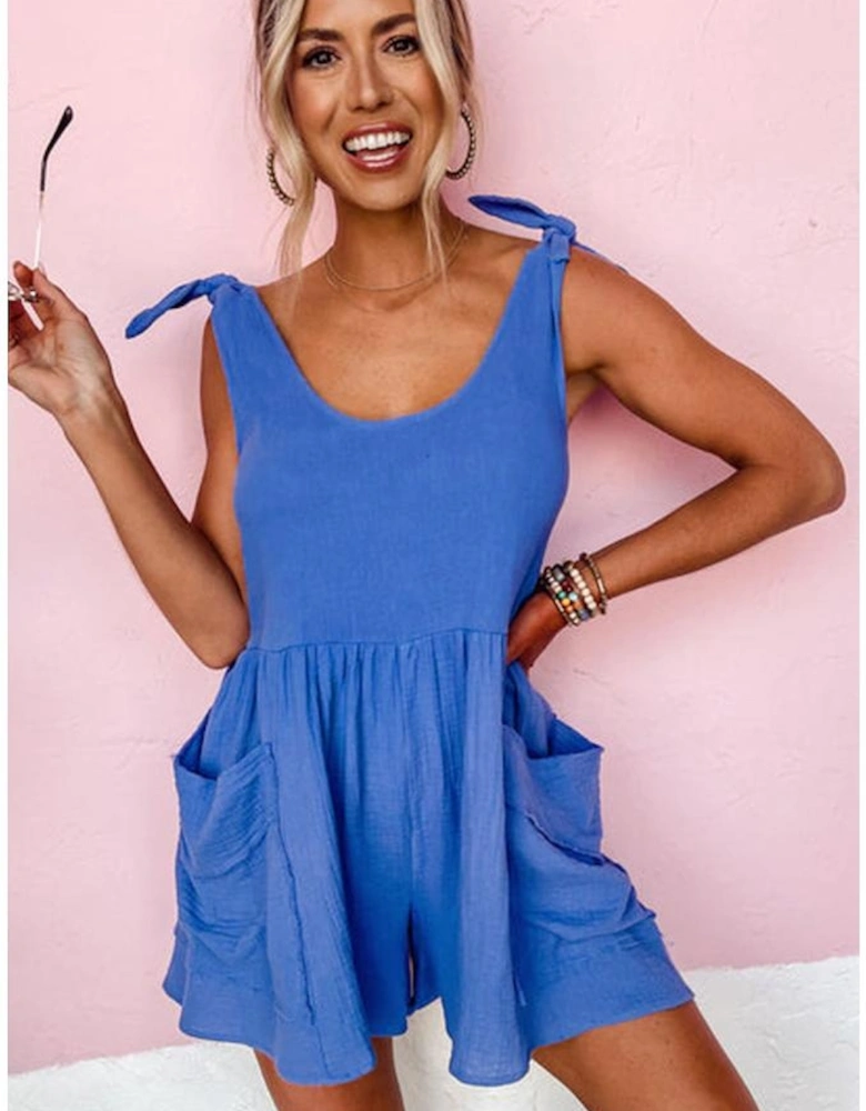 Blue Textured Knotted Straps High Waist Wide Leg Romper