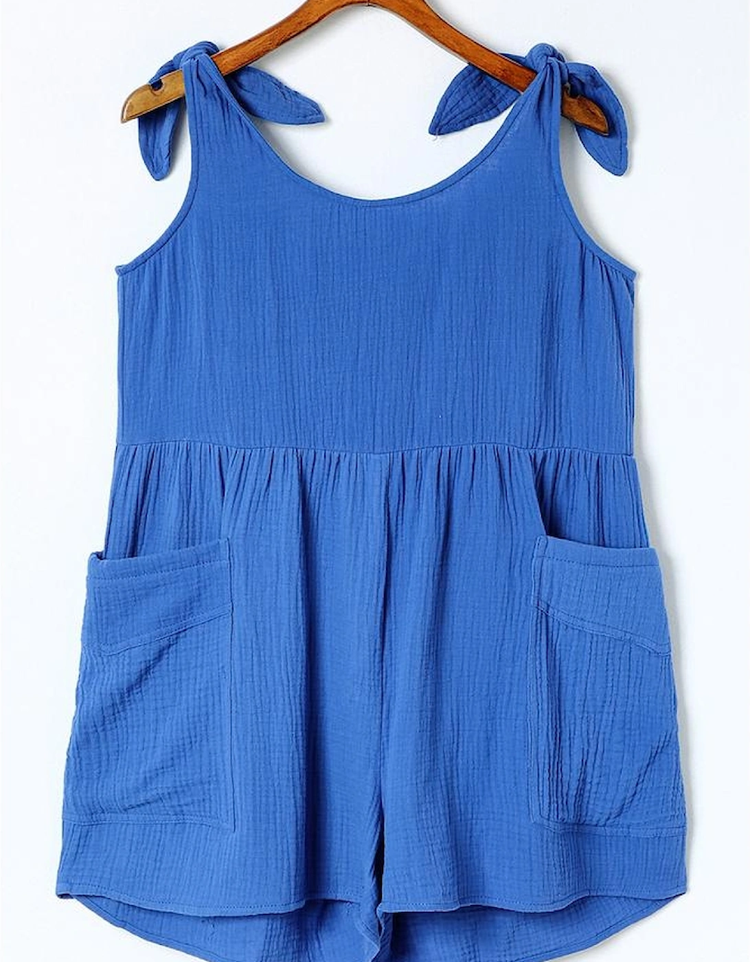 Blue Textured Knotted Straps High Waist Wide Leg Romper