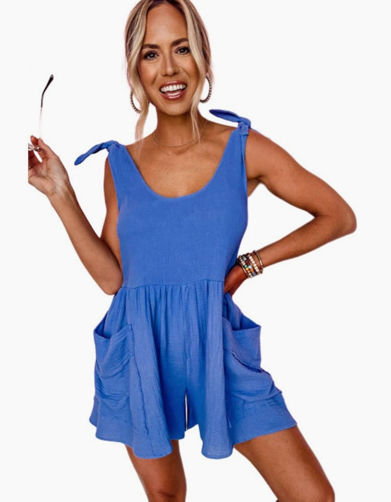 Blue Textured Knotted Straps High Waist Wide Leg Romper