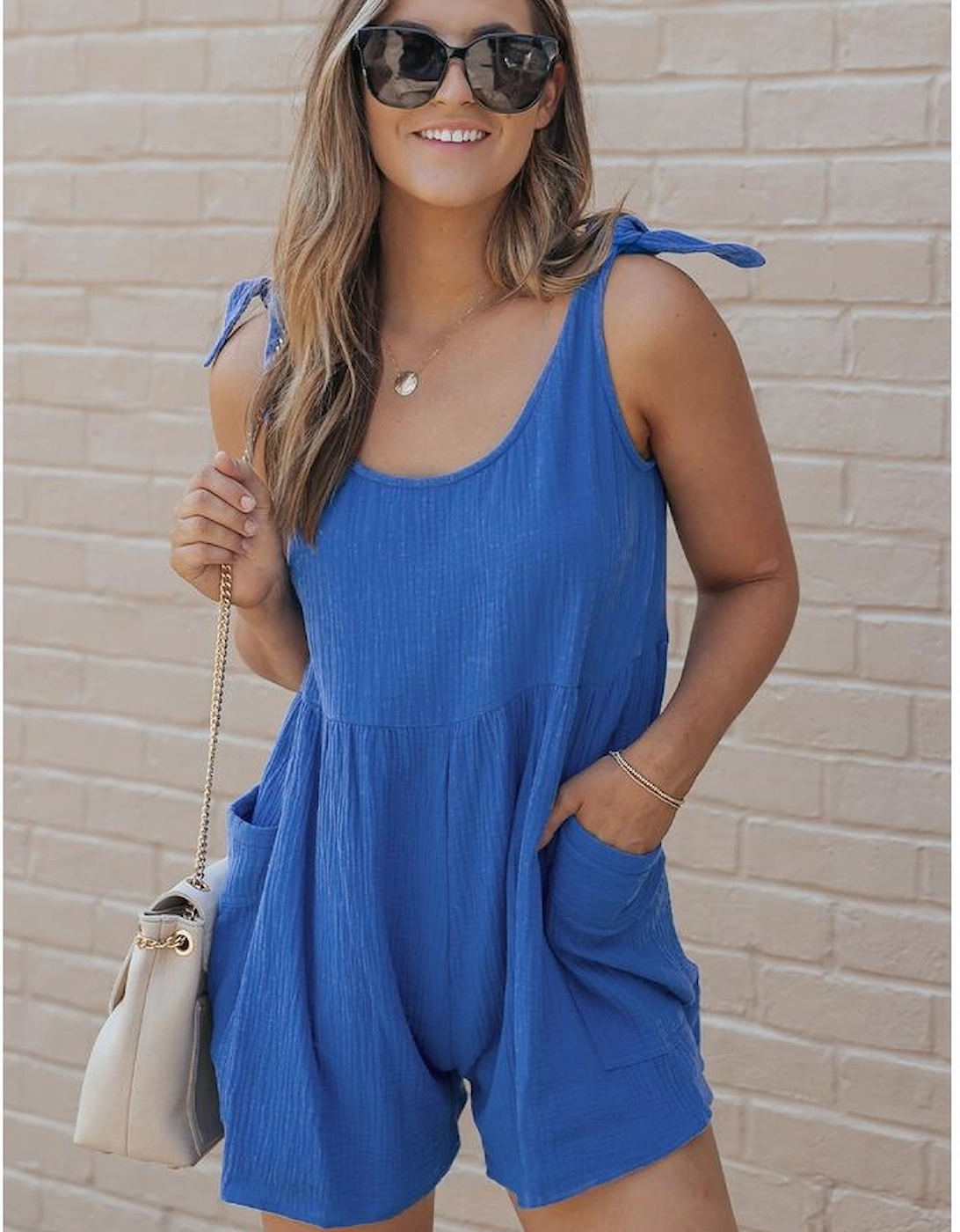 Blue Textured Knotted Straps High Waist Wide Leg Romper