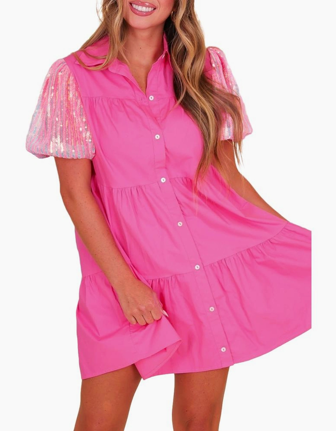 Bonbon Sequined Bubble Sleeve Tiered Ruffled Shirt Dress