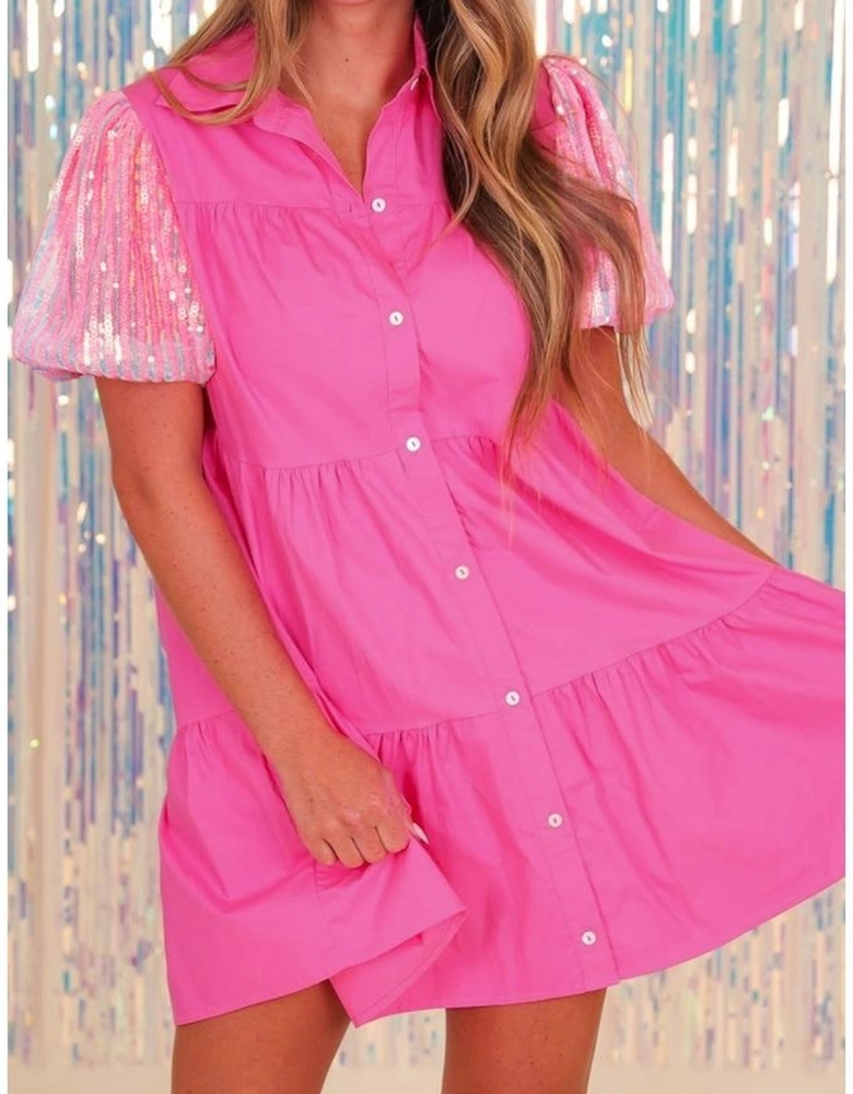 Bonbon Sequined Bubble Sleeve Tiered Ruffled Shirt Dress