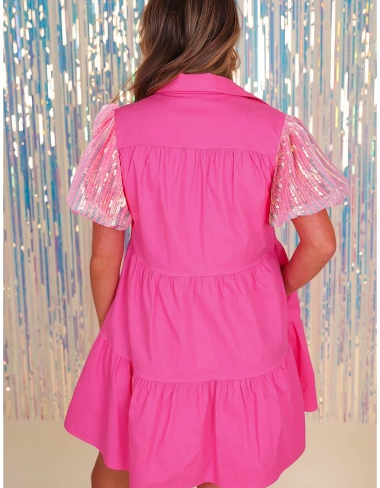 Bonbon Sequined Bubble Sleeve Tiered Ruffled Shirt Dress