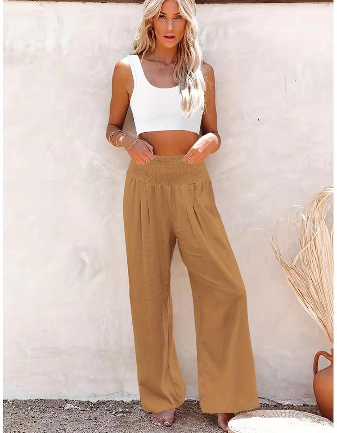 Azura Exchange High Waist Wide Leg Pants With Smocked Waistband