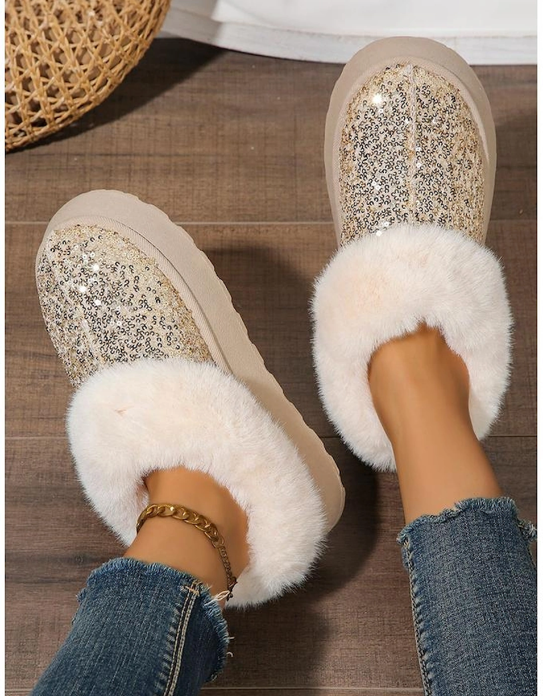 Gold Sequin Plush Lined Thick Sole Snow Boots