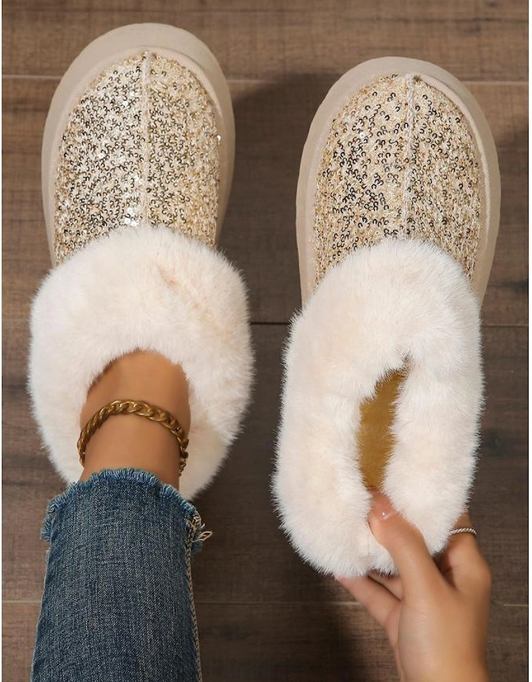 Gold Sequin Plush Lined Thick Sole Snow Boots
