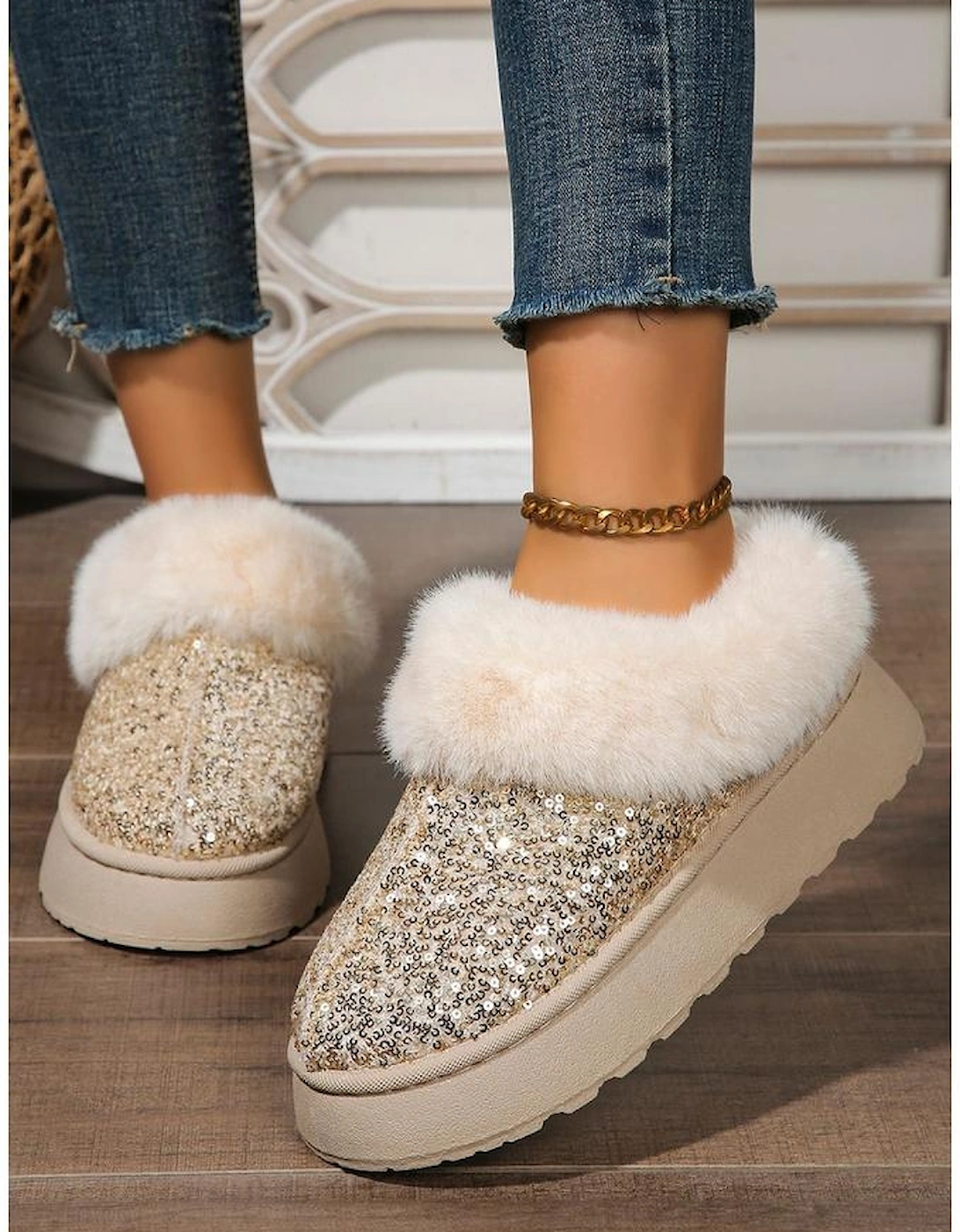 Gold Sequin Plush Lined Thick Sole Snow Boots