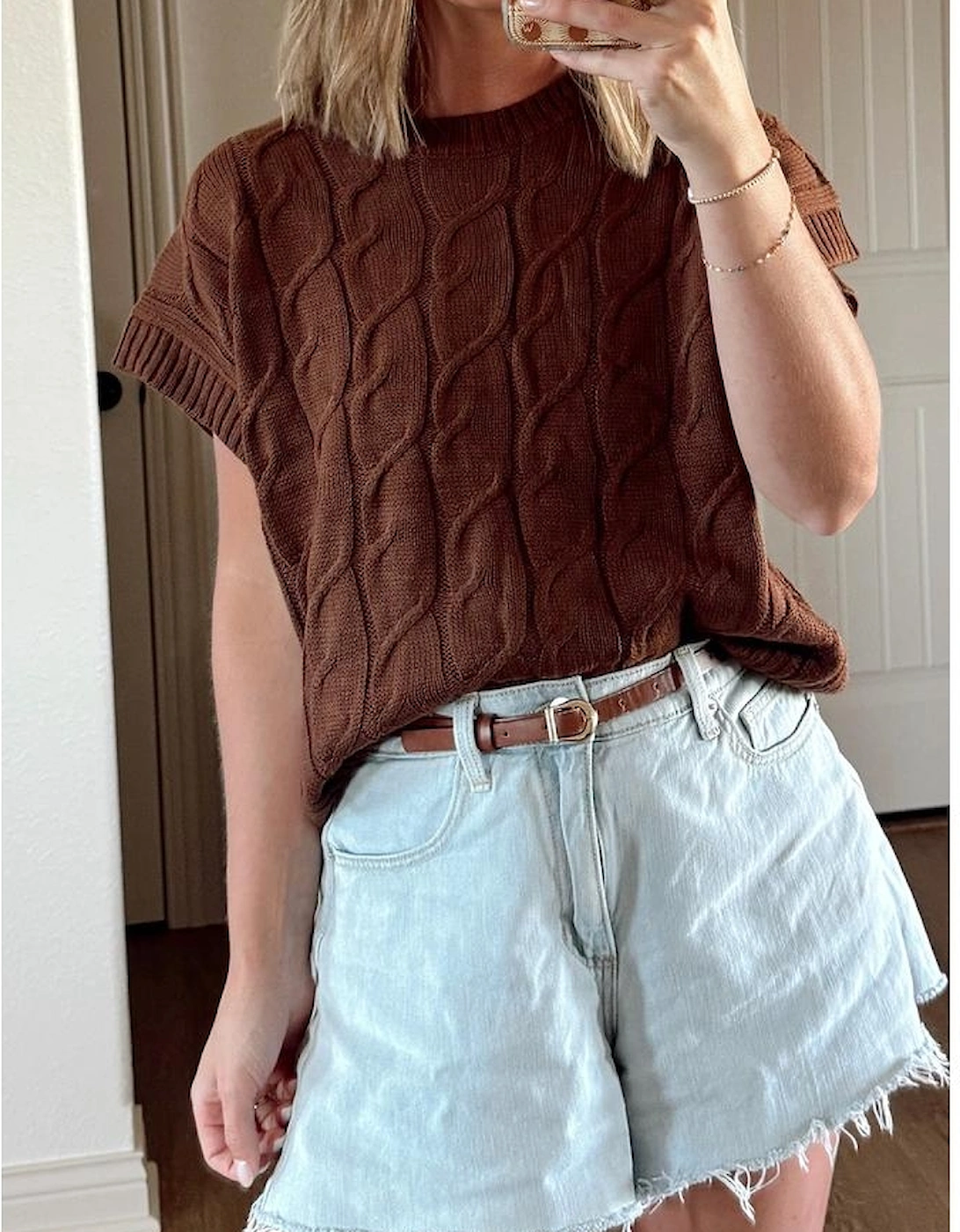Dark Brown Cable Texture Crew Neck Short Sleeve Sweater Top