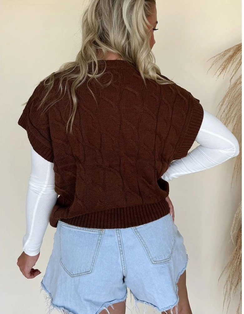 Dark Brown Cable Texture Crew Neck Short Sleeve Sweater Top