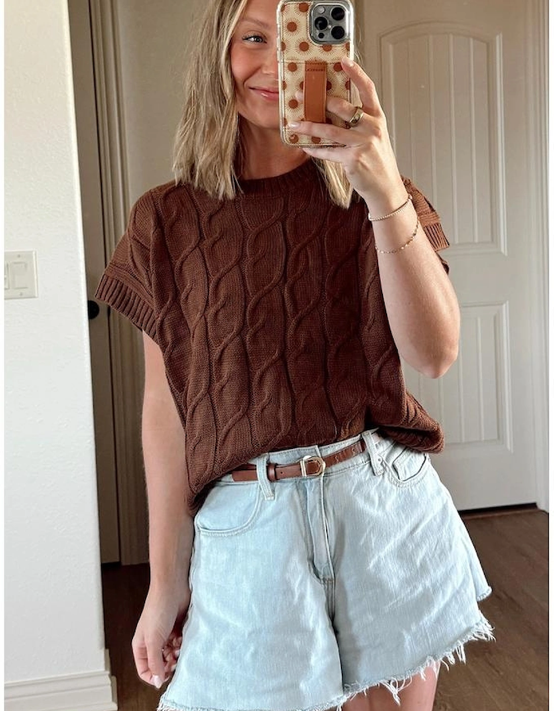Dark Brown Cable Texture Crew Neck Short Sleeve Sweater Top