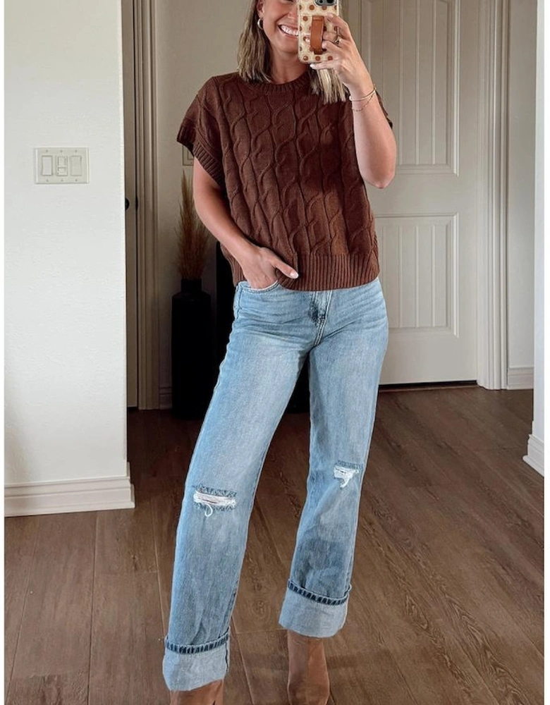 Dark Brown Cable Texture Crew Neck Short Sleeve Sweater Top