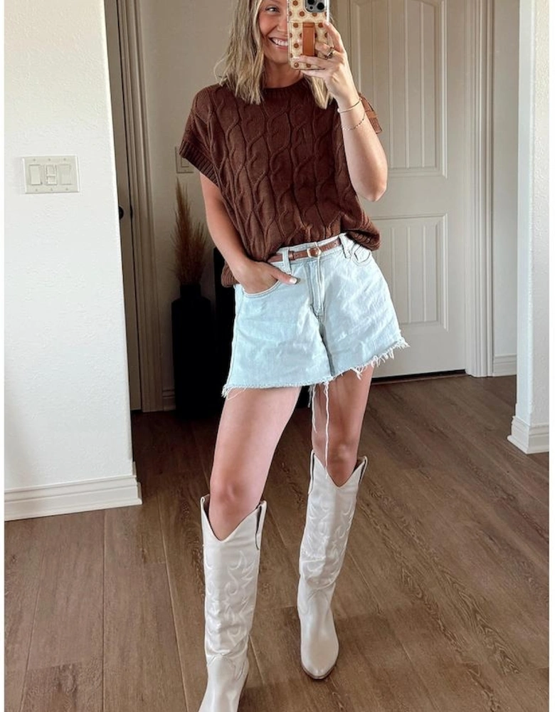 Dark Brown Cable Texture Crew Neck Short Sleeve Sweater Top