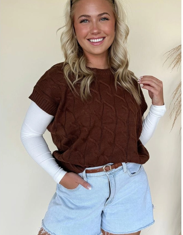 Dark Brown Cable Texture Crew Neck Short Sleeve Sweater Top