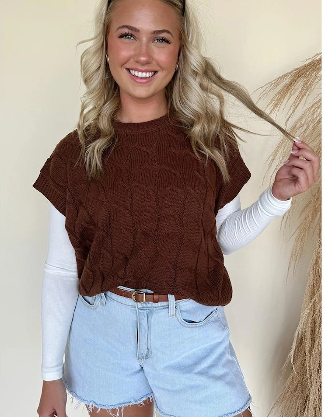 Dark Brown Cable Texture Crew Neck Short Sleeve Sweater Top
