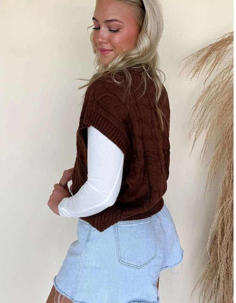 Dark Brown Cable Texture Crew Neck Short Sleeve Sweater Top