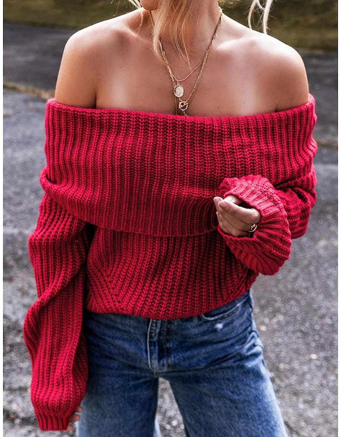 Racing Red Off-the-shoulder Knit Sweater
