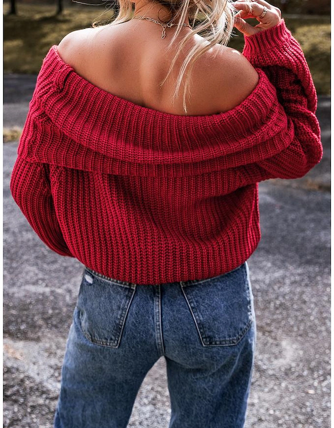Racing Red Off-the-shoulder Knit Sweater