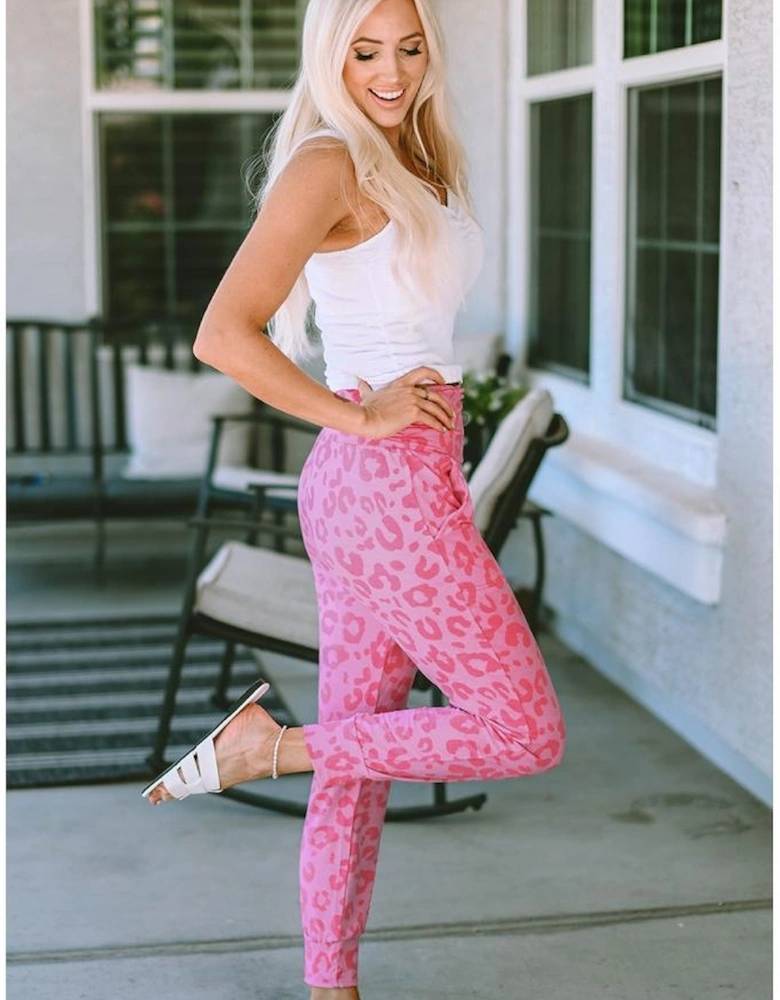 Pink Leopard Print Ankle-length High Waist Skinny Pants