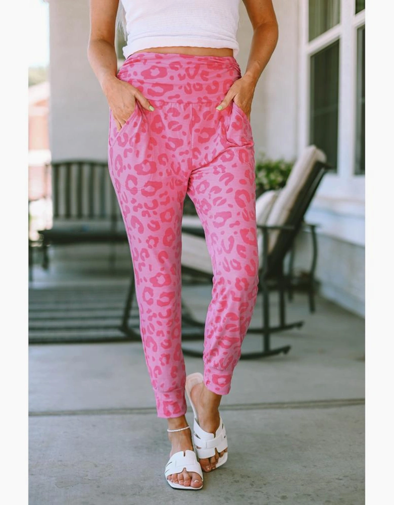 Pink Leopard Print Ankle-length High Waist Skinny Pants