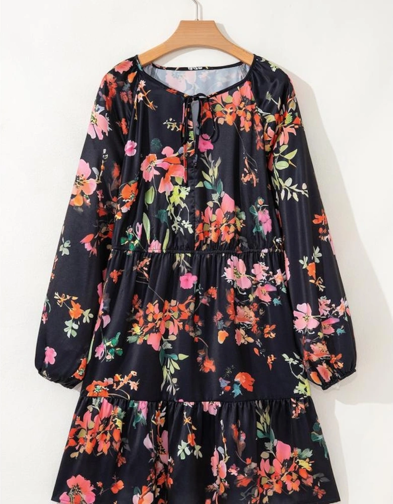 Black Plus Size Floral Print Tie Neck Cinched Waist Long Sleeve Mini Dress