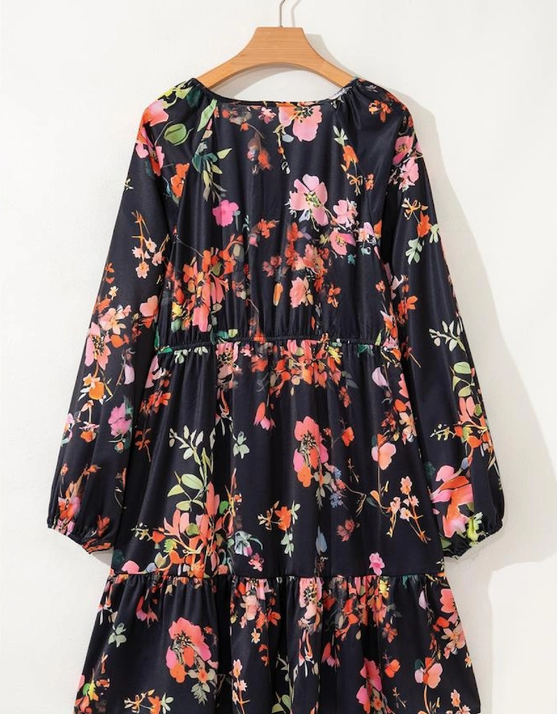 Black Plus Size Floral Print Tie Neck Cinched Waist Long Sleeve Mini Dress
