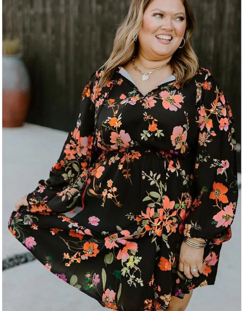 Black Plus Size Floral Print Tie Neck Cinched Waist Long Sleeve Mini Dress