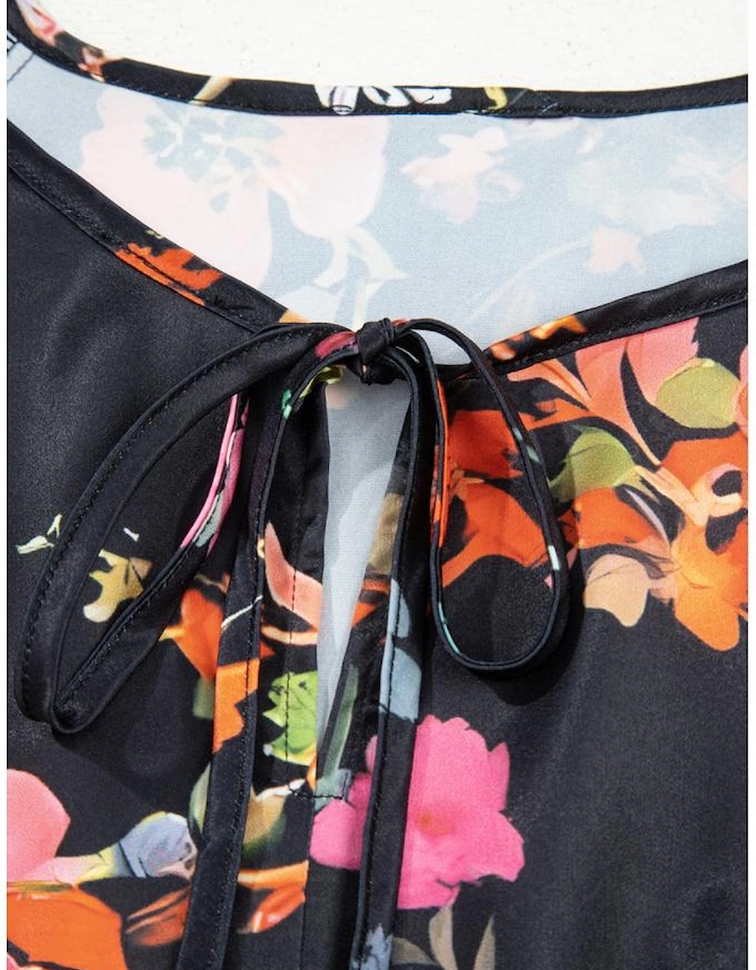 Black Plus Size Floral Print Tie Neck Cinched Waist Long Sleeve Mini Dress