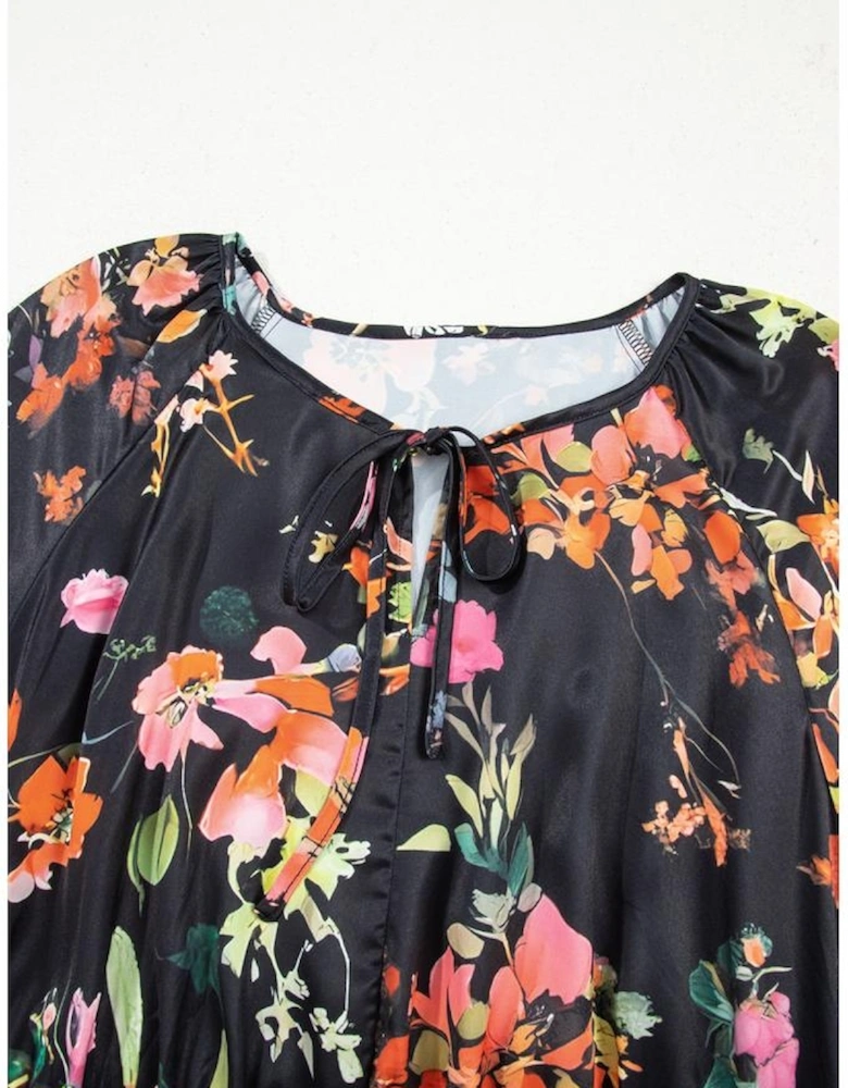 Black Plus Size Floral Print Tie Neck Cinched Waist Long Sleeve Mini Dress