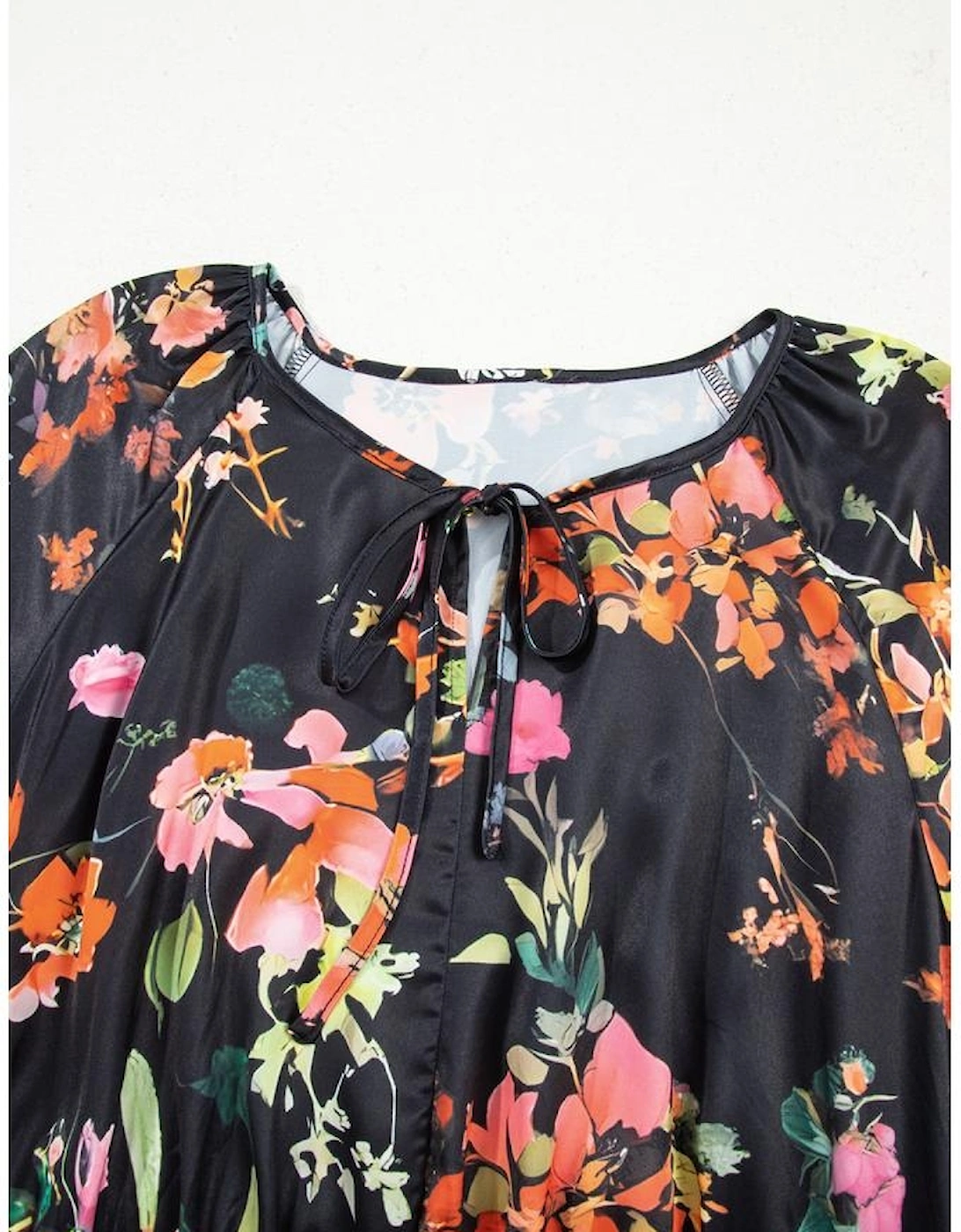 Black Plus Size Floral Print Tie Neck Cinched Waist Long Sleeve Mini Dress