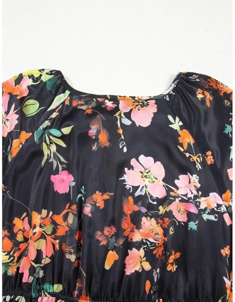 Black Plus Size Floral Print Tie Neck Cinched Waist Long Sleeve Mini Dress