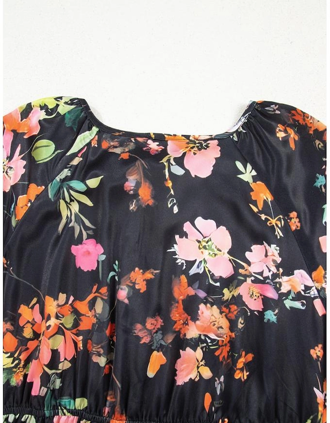 Black Plus Size Floral Print Tie Neck Cinched Waist Long Sleeve Mini Dress