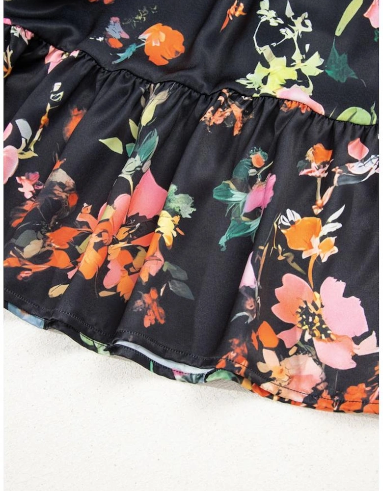Black Plus Size Floral Print Tie Neck Cinched Waist Long Sleeve Mini Dress