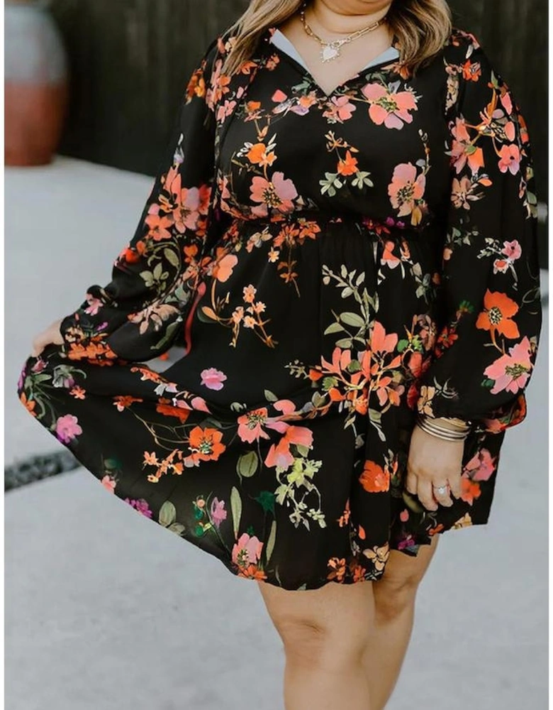 Black Plus Size Floral Print Tie Neck Cinched Waist Long Sleeve Mini Dress