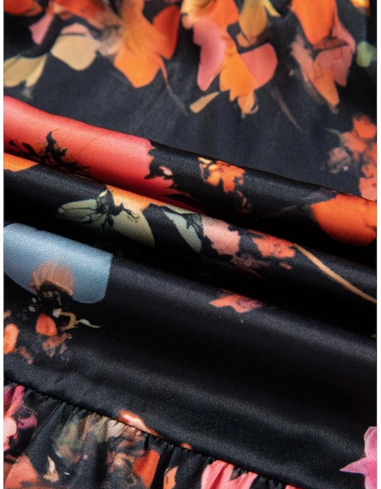 Black Plus Size Floral Print Tie Neck Cinched Waist Long Sleeve Mini Dress