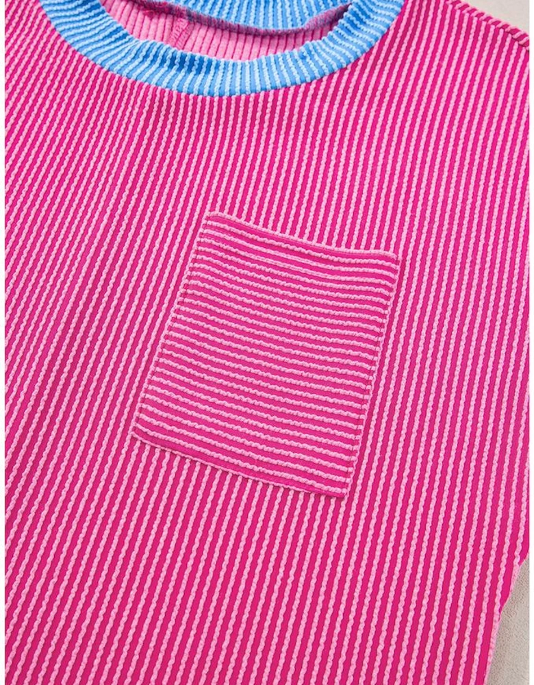 Rose Red Textured Colorblock Edge Patched Pocket T Shirt Dress