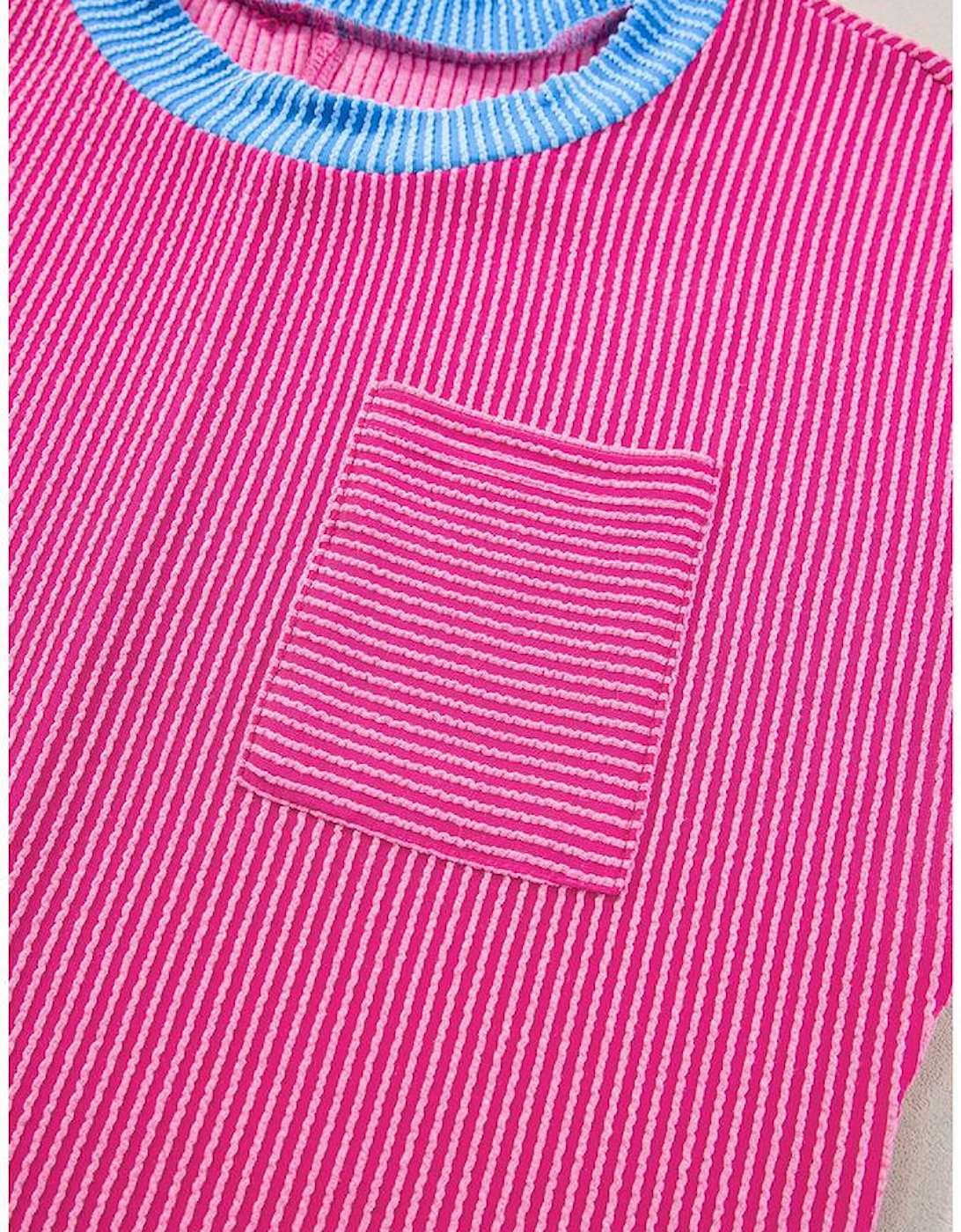 Rose Red Textured Colorblock Edge Patched Pocket T Shirt Dress