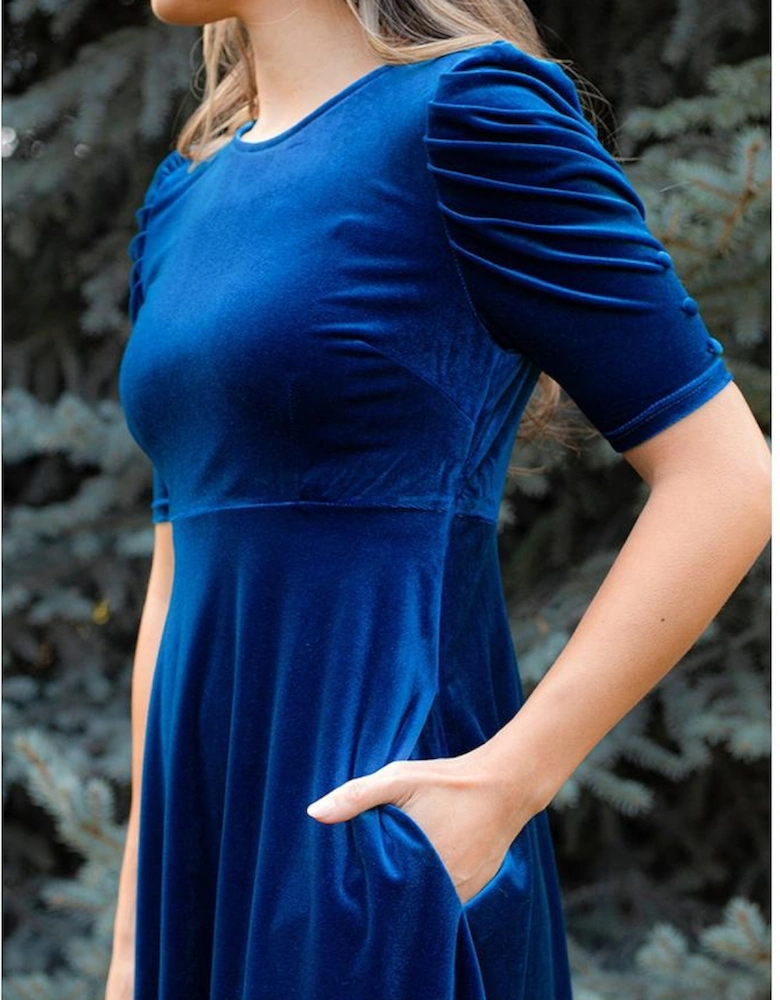 Sail Blue Velvet Ruched Short Sleeve Pocketed Mini Dress