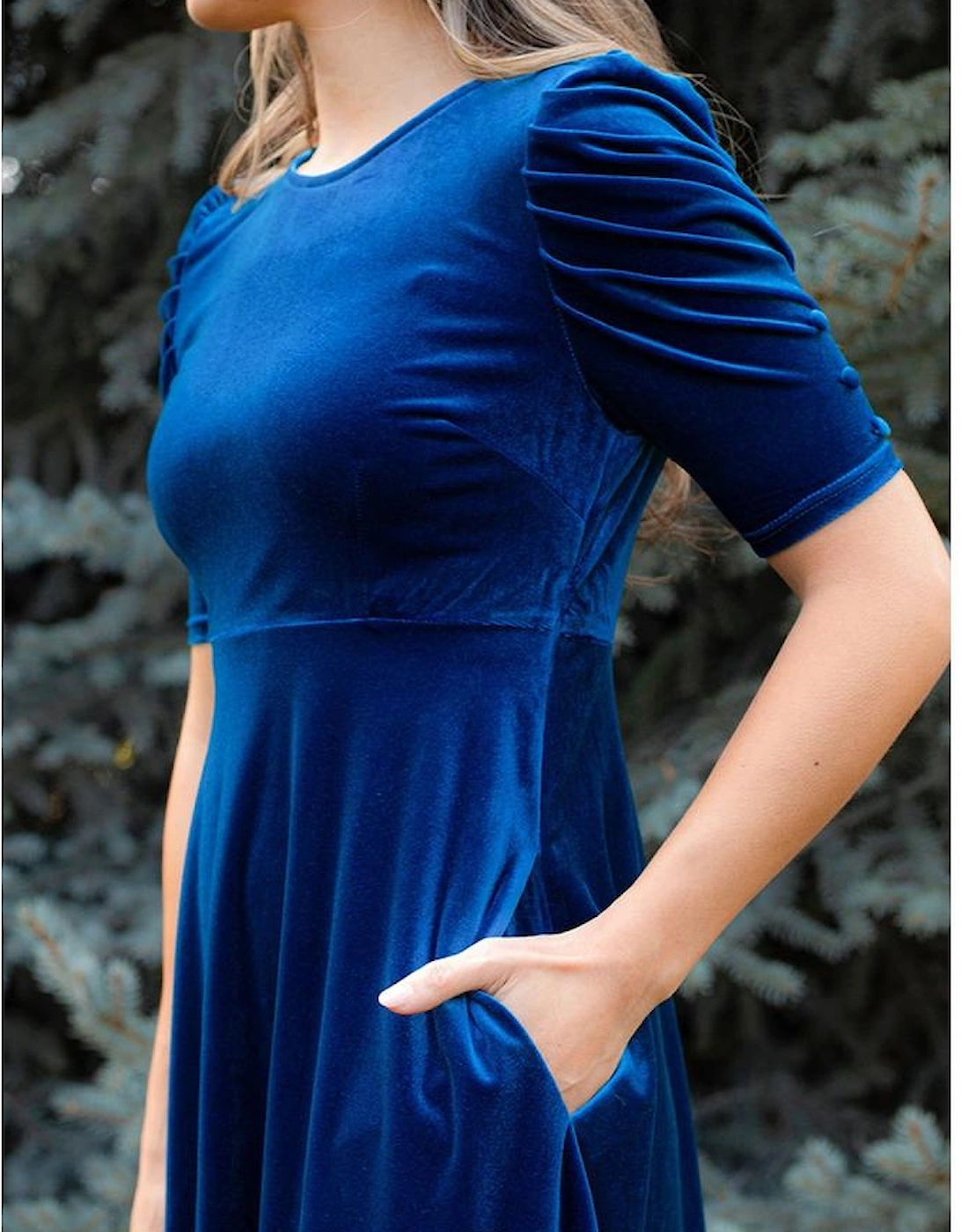 Sail Blue Velvet Ruched Short Sleeve Pocketed Mini Dress