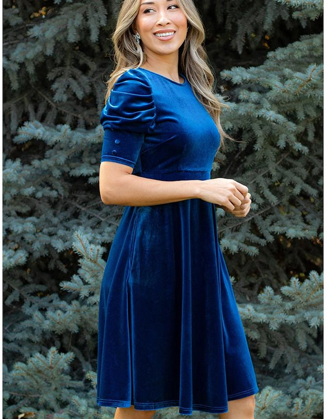 Sail Blue Velvet Ruched Short Sleeve Pocketed Mini Dress