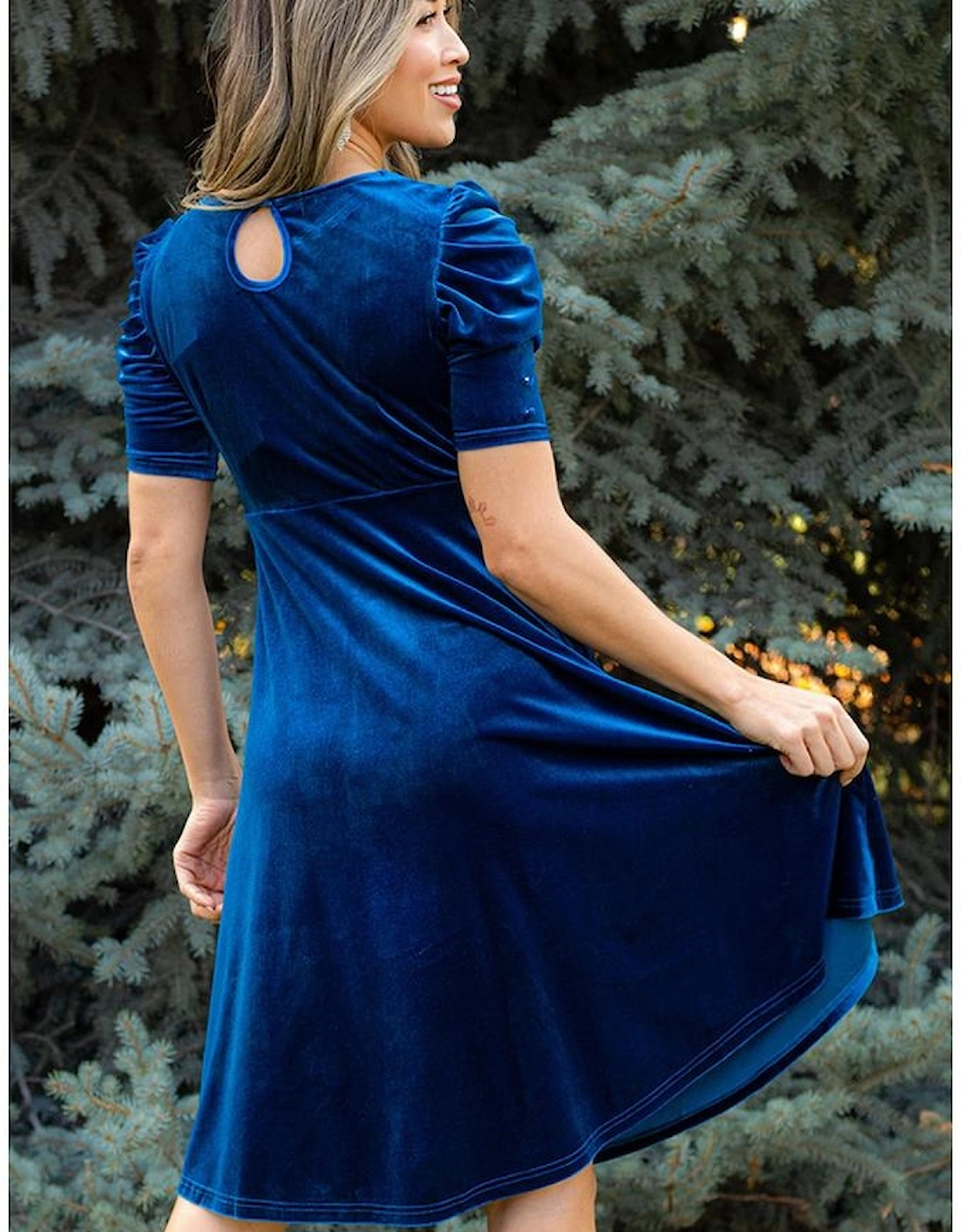 Sail Blue Velvet Ruched Short Sleeve Pocketed Mini Dress